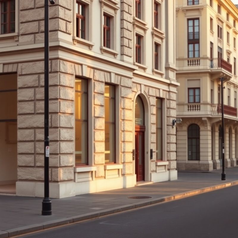 Fațada clasică a unei clădiri din centrul Bucureștiului, în nuanțe de piatră și cremă