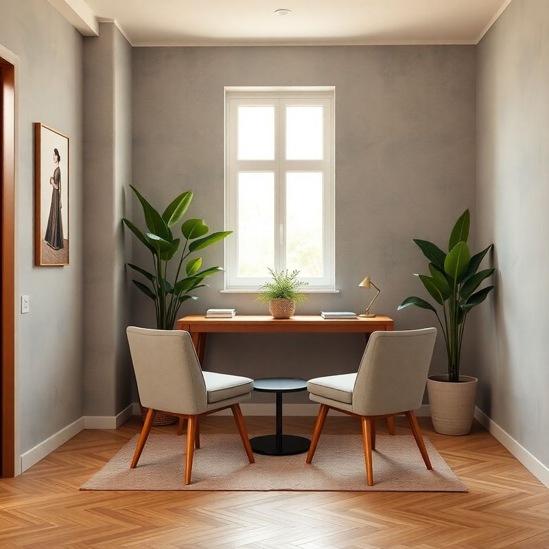 Birou privat de consultanță cu pereți piatră și plante mentă, lumină naturală