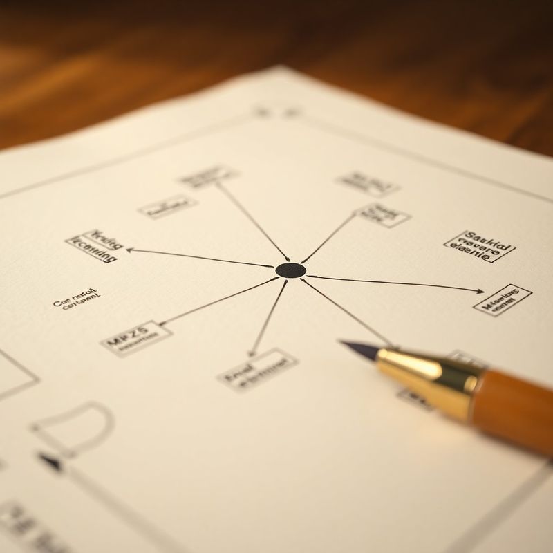 Diagramă structurată pe hârtie crem cu adnotări în nuanțe de piatră și mentă